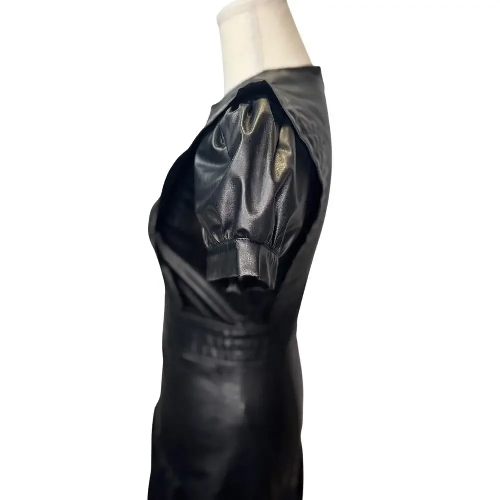 Zara Faux Leather Mini Dress Black Women's XS Ruffle Puff Flounce Hem Coquette - Picture 5 of 16